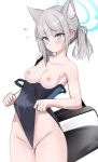  1girl absurdres animal_ear_fluff animal_ears bag blue_archive blush breasts grey_hair halo highres holding holding_bag medium_breasts nipples one-piece_swimsuit otakummm ponytail pussy_juice shiroko_(blue_archive) simple_background solo swimsuit white_background 