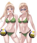  2girls ball beach_volleyball bikini blonde_hair blue_eyes breasts cleavage cowboy_shot dated glasses green_bikini hair_over_shoulder harukana_receive high_ponytail holding holding_ball large_breasts long_hair low_ponytail matching_outfit multiple_girls nicoli3141 o-ring o-ring_bikini siblings simple_background sisters sky swimsuit thomas_claire thomas_emily twins twitter_username volleyball white_background 