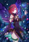  1girl bare_shoulders black_dress blue_eyes breasts butterfly_wings center_opening dress facial_mark fairy fairy_wings falling_petals fire_emblem fire_emblem_heroes flower forest hair_flower hair_ornament hair_over_one_eye hair_vines highres medium_hair nature petals purple_hair rose shira_yu_ki solo thorns triandra_(fire_emblem) wings 