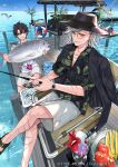  2boys :d alternate_costume animal apple banana bangs bespectacled bird black_hair black_headwear black_jacket black_shirt blue_eyes bucket chair cherry cocktail_flower cooler copyright crossed_legs cup drinking_glass edmond_dantes_(fate) fate/grand_order fate_(series) feet_out_of_frame fish fishing fishing_rod floral_print flower folding_chair food fruit fujimaru_ritsuka_(male) glasses hair_behind_ear hair_between_eyes hat hawaiian_shirt hibiscus holding holding_animal holding_fish holding_fishing_rod hurricane_glass ice_cream ice_cream_float jacket jacket_on_shoulders leaf_print lifebuoy looking_ahead looking_at_another lower_teeth medium_hair multiple_boys ocean official_art one_knee open_collar pier plant plate red_flower round_eyewear sandals scar scar_on_arm scar_on_chest scar_on_leg seagull shirt short_hair short_sleeves shorts sitting smile swept_bangs tcb teeth upper_teeth watch white_hair white_shirt white_shorts wristwatch yellow_eyes 