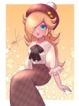  1girl alternate_costume bangs black_bow blonde_hair blouse blue_eyes bow earrings hair_over_one_eye hat highres jewelry long_hair looking_at_viewer mario_(series) nonoworks rosalina shirt signature smile solo star_(symbol) star_earrings super_mario_galaxy 