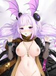  1girl alternate_breast_size arknights black_dress black_jacket black_wristband blue_nails blush breasts clothes_writing dakimakura_(medium) dress groin hands_up head_wings highres infection_monitor_(arknights) jacket jewelry large_breasts lying manticore_(arknights) manticore_(invisible_dirge)_(arknights) multicolored_hair nail_polish naked_jacket navel necklace official_alternate_costume on_back open_clothes open_jacket open_mouth pointy_ears purple_hair see-through see-through_sleeves simple_background solo streaked_hair twintails white_background xooku 