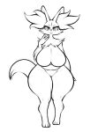  1girl :&gt; animal_ear_fluff animal_ears arm_behind_back box_(hajimeyou654) breasts cleavage closed_mouth delphox digitigrade fox_ears fox_tail full_body furry furry_female greyscale hand_to_own_face hand_up huge_breasts looking_at_viewer monochrome navel no_pussy plump pokemon simple_background slit_pupils smile solo standing tachi-e tail thick_thighs thighs tsurime white_background wide_hips 