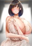  black_hair breasts chomikuplus circlet cleavage curvy gigantic_breasts hand_on_own_chest highres jewelry mole mole_on_breast mole_under_eye necklace open_mouth original plump short_hair solo surprised yellow_eyes 