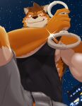  anthro barrel_(live-a-hero) biceps blush canid canine canis clothing cuff_(restraint) first_person_view handcuffs hi_res lifewonders live-a-hero low-angle_view male mammal metal_cuffs muscular muscular_anthro muscular_male night nipple_slip nipples pecs restraints shi_ba_ki_chi shirt sky smile smirk solo star starry_sky tank_top topwear video_games wolf 
