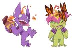  2021 ambiguous_gender arthropod bandai_namco blush butterfly crossover digimon digimon_(species) duo food green_body honey_(food) insect lepidopteran nintendo open_mouth open_smile palmon pok&eacute;mon pok&eacute;mon_(species) purple_body sableye smile tamarinfrog teeth tongue tongue_out video_games 