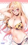  1girl bangs barbell_piercing bespectacled bikini black_bikini black_choker blonde_hair breasts choker commentary_request cowboy_shot ear_piercing earrings floral_print glasses gyaru hozumi_kaoru industrial_piercing jewelry kitagawa_marin kogal large_breasts long_hair looking_at_viewer multi-strapped_bikini necklace open_mouth piercing print_bikini red_eyes side-tie_bikini smile solo sono_bisque_doll_wa_koi_wo_suru string_bikini swept_bangs swimsuit v 