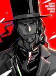  1boy black_hair black_shirt facial_hair formal goatee greyscale grin hat long_hair male_focus monochrome necktie one_piece raine_(acke2445) red_background rob_lucci shirt simple_background smile suit top_hat white_suit 