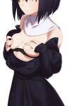  1girl black_bra black_hair blush bra bra_pull breasts breasts_out clothes_pull covering covering_breasts covering_nipples habit head_out_of_frame highres kuonji_alice mahou_tsukai_no_yoru morisobo nipples short_hair simple_background solo underwear white_background 