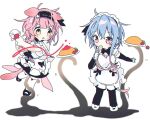  1boy 1girl alternate_costume animal_ears apron arknights bangs black_bow black_footwear black_gloves black_hairband black_legwear black_skirt blue_hair blush bottle bow braid cat_ears cat_girl cat_tail cherry_tomato clothes_writing creator_connection elbow_gloves english_text enmaided food frilled_apron frills gloves goldenglow_(arknights) hair_between_eyes hair_bow hairband heart highres holding holding_bottle holding_spoon ketchup ketchup_bottle long_hair maid maid_headdress mizuki_(arknights) multicolored_hair naguru_(cyoroama) omurice own_hands_together pantyhose parted_lips pink_eyes pink_hair plate shirt shoes short_sleeves simple_background single_braid skirt spoon sweat tail tentacles thighhighs tomato two-tone_hair utensil_in_mouth white_apron white_background white_footwear white_gloves white_legwear white_shirt yellow_eyes 