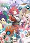  1girl absurdres alternate_costume bangs breasts cherry_blossoms chest_jewel crossover gallade gem green322 headpiece highres holding holding_poke_ball large_breasts poke_ball poke_ball_(legends) pokemon pokemon_(game) pokemon_legends:_arceus pyra_(xenoblade) red_eyes red_hair rotom rotom_(wash) short_hair swept_bangs sylveon xenoblade_chronicles_(series) xenoblade_chronicles_2 