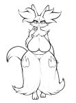  1girl :&gt; animal_ear_fluff animal_ears arm_behind_back box_(hajimeyou654) breasts cleavage closed_mouth delphox digitigrade fox_ears fox_tail full_body furry furry_female greyscale hand_to_own_face hand_up huge_breasts looking_at_viewer monochrome navel plump pokemon simple_background slit_pupils smile solo standing tachi-e tail tsurime white_background wide_hips 