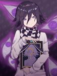  1boy ? bangs black_hair blurry blurry_background checkered_clothes checkered_scarf danganronpa_(series) danganronpa_v3:_killing_harmony english_text extra_eyes grey_jacket grey_pants hair_between_eyes highres holding iei jacket long_sleeves looking_at_viewer male_focus minako_larima ouma_kokichi pants purple_eyes scarf shiny shiny_hair short_hair smile solo 