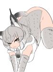  1girl animal_ears arched_back ass bokoboko_(pandagapanda1) breast_press breasts cat_ears cat_tail detached_sleeves eurasian_lynx_(kemono_friends) full_body hands_on_ground highres kemono_friends large_breasts legs_apart looking_at_viewer no_panties short_hair simple_background solo spread_legs stretch tail thighhighs top-down_bottom-up white_background 