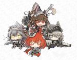  4girls :d animal_ears arknights armor armored_boots ashlock_(arknights) bangs black_shorts boots brown_eyes brown_hair chibi closed_mouth commentary_request fartooth_(arknights) flametail_(arknights) gauntlets grey_background grey_eyes grey_hair hair_between_eyes multiple_girls red_eyes red_hair satou_(terzoterzo) shield shorts smile squirrel_ears squirrel_girl squirrel_tail tail teeth upper_teeth v-shaped_eyebrows visor_(armor) wild_mane_(arknights) yellow_eyes 