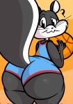  2021 anthro ball basketball_(ball) big_butt black_body black_fur blush butt clothed clothing digital_media_(artwork) domestic_cat ekkokenight felid feline felis female fur hi_res looking_at_viewer looking_back looney_tunes mammal penelope_pussycat solo thick_thighs warner_brothers white_body white_fur 