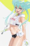  1girl :d aqua_eyes aqua_hair bangs double_bun gloves goodsmile_racing hair_bun hatsune_miku highres holding long_hair looking_at_viewer midriff nanja navel open_mouth racing_miku racing_miku_(2022) smile solo teeth upper_teeth vocaloid white_gloves 