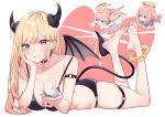  3girls bangs barefoot bat_wings bikini black_bikini black_choker blonde_hair breasts bridal_garter chen_yang_yang chibi choker cross demon_girl demon_horns demon_tail ear_piercing earrings food full_body halo hand_on_own_cheek hand_on_own_face highres holding holding_food horns inui_sajuna inui_shinju jewelry kitagawa_marin large_breasts long_hair looking_at_viewer lying multiple_girls on_stomach parted_bangs piercing pink_hair red_eyes simple_background soles sono_bisque_doll_wa_koi_wo_suru swimsuit tail toes white_background wings 