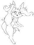  1girl :3 animal_ear_fluff animal_ears arm_support blush box_(hajimeyou654) braixen digitigrade fang fox_ears fox_tail full_body furry furry_female highres looking_at_viewer monochrome navel no_pussy pokemon pokemon_(creature) simple_background slit_pupils smile solo split standing standing_on_one_leg standing_split stick tail tareme white_background 