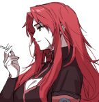 ap5ry armband bangs bodysuit breasts cigarette cleavage cleavage_cutout clothing_cutout gebura_(project_moon) lobotomy_corporation long_hair long_sleeves project_moon red_hair scar scar_on_cheek scar_on_face white_background yellow_eyes zipper 