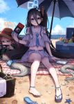  2girls absurdly_long_hair absurdres adapted_costume arisu_(blue_archive) basket beach black_hair blue_archive blue_necktie bow cloud cloudy_sky cooler feet footprints hair_bow hair_ornament halo hat highres kokukyukeo long_hair multiple_girls nail_polish navel necktie nintendo_switch ocean playing_games red_hair sand sandals shell sky smile star_(symbol) star_hair_ornament starfish swimsuit thighs umbrella very_long_hair yuzu_(blue_archive) 