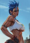  1girl armlet bare_shoulders blue_hair bracelet braid breasts dandon_fuga earrings facial_mark fingerless_gloves gloves highres jewelry junker_queen_(overwatch) looking_at_viewer mohawk muscular muscular_female overwatch overwatch_2 piercing red_eyes smile torn_clothes underboob 