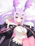  1girl alternate_breast_size arknights black_jacket black_shorts blush breasts cleavage clothes_writing dakimakura_(medium) dog_tags fur-trimmed_hood fur_trim hair_ornament hairclip head_wings highres hood hooded_jacket jacket large_breasts long_sleeves looking_at_viewer lying manticore_(arknights) midriff navel on_bed open_clothes open_jacket parted_lips pink_eyes pink_jacket pointy_ears purple_hair shorts simple_background solo tank_top twintails two-sided_fabric two-sided_jacket white_background white_tank_top wide_sleeves xooku 