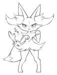  1girl :3 animal_ear_fluff animal_ears animal_nose box_(hajimeyou654) braixen fox_ears fox_tail full_body furry furry_female hands_up looking_at_viewer monochrome pigeon-toed pokemon pokemon_(creature) simple_background slit_pupils solo standing stick tail tongue tongue_out tsurime white_background 