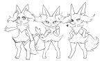  3girls :3 animal_ear_fluff animal_ears blush box_(hajimeyou654) braixen closed_mouth digitigrade fang fox_ears fox_tail full_body furry furry_female hands_on_hips hands_up heart holding holding_stick looking_at_viewer monochrome multiple_girls navel one_eye_closed outstretched_arm pigeon-toed pokemon pokemon_(creature) simple_background smile standing stick tail tareme tongue tongue_out tsurime white_background 