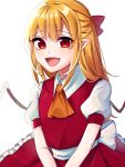  1girl :d ascot bangs blonde_hair bow brown_wings collared_shirt commentary_request eringi_(rmrafrn) flandre_scarlet frilled_skirt frills hair_between_eyes hair_bow long_hair looking_at_viewer orange_ascot pointy_ears puffy_short_sleeves puffy_sleeves red_bow red_eyes red_skirt red_vest shirt short_sleeves simple_background skirt smile solo touhou very_long_hair vest white_background white_shirt wings 
