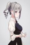  1girl blush breasts detached_collar drill_hair ear_blush full-face_blush grey_background grey_hair highres idolmaster idolmaster_cinderella_girls kanzaki_ranko looking_at_viewer looking_to_the_side medium_breasts neck_ribbon own_hands_together puffy_short_sleeves puffy_sleeves red_eyes ribbon shikiama short_sleeves sideways_glance simple_background solo twintails two-tone_dress upper_body wrist_cuffs 