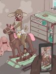  ambiguous_gender anthro bdsm blush bodily_fluids bound cervid changing_table collar diaper fawny gag genital_fluids hi_res infantilism laxative mammal pacifier pacifier_gag recording rocking_horse urine wet_diaper wetting 