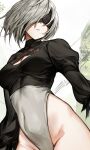  1girl absurdres bangs blindfold breasts cleavage clothing_cutout commentary_request covered_navel feather_trim grey_hair highleg highleg_leotard highres leotard lips long_sleeves marse_(rokudaime) medium_breasts mole mole_under_mouth nier_(series) nier_automata parted_lips puffy_sleeves shiny shiny_hair short_hair simple_background solo thighs turtleneck upper_body yorha_no._2_type_b 