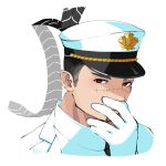  1boy black_hair facial_hair gloves goatee hand_to_own_mouth hat highres looking_at_viewer male_focus mature_male military military_uniform red_eyes scar scar_on_face scar_on_nose short_hair sideburns solo tokyo_afterschool_summoners undercut uniform upper_body watatuki white_background white_gloves yoritomo_(housamo) 