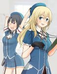  2girls adapted_costume alternate_sleeve_length annin_musou atago_(kancolle) beret black_gloves black_hair blonde_hair blue_eyes blue_headwear blush gloves hair_between_eyes hat highres kantai_collection long_hair military military_uniform multiple_girls open_mouth red_eyes short_hair short_sleeves smile takao_(kancolle) uniform 