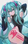  1girl absurdly_long_hair absurdres ahoge aqua_eyes aqua_hair armpits bare_shoulders black_gloves black_leotard bodypaint breasts closed_mouth cowboy_shot elbow_gloves eyebrows_behind_hair floating_hair gloves hair_between_eyes hands_in_hair hands_up hatsune_miku highleg highleg_leotard highres leotard long_hair looking_to_the_side medium_breasts nekodayo22 shiny shiny_clothes solo thighhighs twintails very_long_hair vocaloid 