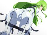  1girl absurdres all_fours ass belt bent_over bodysuit c.c. code_geass floating_hair from_behind green_hair highres long_hair looking_at_viewer looking_back parted_lips shou937 solo white_bodysuit yellow_eyes 
