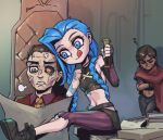  1boy 2girls :q arcane:_league_of_legends arcane_jinx arm_tattoo bandaid bandaid_on_face bangs bare_shoulders belt black_sclera blue_eyes blush braid breasts brown_belt brown_footwear brown_hair brown_shirt cloud_tattoo collared_shirt colored_sclera dark-skinned_female dark_skin father_and_daughter holding jinx_(league_of_legends) league_of_legends long_hair multiple_girls navel necktie orange_necktie pants phantom_ix_row pink_pants red_shirt sevika_(arcane) shiny shiny_hair shirt shoes silco_(arcane) small_breasts smile squiggle stomach striped striped_pants tattoo tongue tongue_out twin_braids twintails 