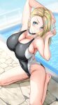  1girl armpits arms_up asahina_hikage bangs bare_shoulders black_swimsuit blonde_hair blue_eyes blush breasts cleavage collarbone covered_navel highleg highleg_swimsuit highres large_breasts long_hair one-piece_swimsuit open_mouth original parted_bangs pool poolside sitting solo swimsuit thighs wariza water wet 