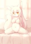  anthro big_breasts blush breasts canid canine fangs featureless_breasts female fox genitals mammal matsuura navel pussy smile solo spread_legs spreading thick_thighs young 