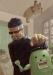  1boy absurdres barcy beard black_hair black_jacket facial_hair highres indoors jacket jujutsu_kaisen long_sleeves male_focus short_hair spiked_hair standing sunglasses window yaga_masamichi 