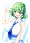  1girl adapted_costume arm_up bare_shoulders blue_background blue_necktie blush border breasts collarbone collared_dress commentary_request dress eyes_visible_through_hair fingernails frog_hair_ornament green_eyes green_hair hair_ornament hair_tubes hand_up highres huge_breasts kochiya_sanae long_fingernails looking_at_viewer necktie open_mouth osashin_(osada) outside_border short_hair sleeveless sleeveless_dress smile snake_hair_ornament solo standing star_(symbol) star_print striped striped_background tongue touhou v white_background white_border white_dress 