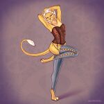  absurd_res anthro bottomless bottomless_female clothed clothing corset digital_media_(artwork) felid feline female hand_on_head hi_res leg_warmers legwear lingerie lion mammal on_one_leg pantherine quotermain simple_background solo standing topwear 