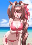  1girl alternate_hairstyle ass_visible_through_thighs beach bikini blue_sky breasts brown_hair cleavage cloud commentary_request daiwa_scarlet_(trifle_vacation)_(umamusume) daiwa_scarlet_(umamusume) day fang front-tie_top highres horizon large_breasts leaning_forward long_hair looking_at_viewer ocean outdoors red_bikini red_eyes side-tie_bikini side_ponytail sky solo standing swimsuit t2r tiara umamusume very_long_hair 