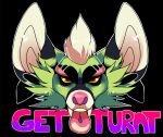  black_body black_ears black_fur black_piercing cheek_tuft ear_piercing facial_tuft fangs front_view fur gauged_ear glistening glistening_eyes green_body green_fur hair headshot_portrait looking_at_viewer open_mouth orange_eyes piercing pink_nose pink_tongue portrait princelykaden solo tongue tongue_out tuft white_hair white_inner_ear 