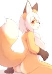  anthro arched_back big_breasts blush breasts butt canid canine claws fangs featureless_breasts female fox fur looking_at_viewer mammal matsuura multicolored_body multicolored_fur open_mouth side_boob side_view sitting slightly_chubby solo toe_claws 
