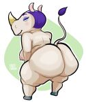  2022 animal_crossing anthro bedroom_eyes big_butt blue_eyes breasts butt female full-length_portrait hair hi_res horn huge_butt looking_at_viewer looking_back looking_back_at_viewer mammal narrowed_eyes nintendo nipples nude nude_anthro nude_female overweight overweight_anthro overweight_female portrait purple_hair rear_view rhinocerotoid rhonda_(animal_crossing) rubbish_chameleon seductive short_hair smile solo standing video_games white_body white_skin 