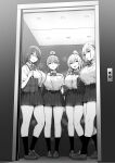 4girls :d bag bangs bow bowtie breasts collared_shirt elevator full_body glasses greyscale hair_bun highres kneehighs large_breasts long_hair looking_at_viewer monochrome multiple_girls open_mouth original parted_lips pleated_skirt ponytail shirt shirt_tucked_in shoes short_sleeves shoulder_bag single_hair_bun skirt sky-freedom smile standing thighs 