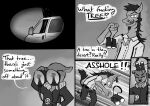  2022 absurd_res anthro binoculars bomber_jacket car clothed clothing comic dialogue digital_media_(artwork) duo english_text equid equine fur greyscale hair halcyon_(series) headgear hi_res horse lost_andsafe lutrine male male/male mammal manager_(halcyon) medium_truck monochrome mustelid open_mouth outside patch_(fabric) pilot_(halcyon) plant simple_background text tree truck_(vehicle) van vehicle 