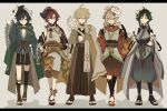  5boys absurdres aether_(genshin_impact) alternate_costume armor asymmetrical_legwear bangs bead_necklace beads black_hair black_headwear blonde_hair blue_hair braid crossed_arms earrings food fox_mask fruit full_body genshin_impact green_eyes green_hair grey_hair hakama hand_on_headwear hat highres holding holding_mask japanese_armor japanese_clothes jewelry kaedehara_kazuha kote kurokote letterboxed long_hair looking_at_viewer male_focus mask mask_on_head multicolored_hair multiple_boys necklace parted_lips persimmon ponytail red_eyes red_hair ryu_genshin77 shikanoin_heizou simple_background single_braid single_earring smile standing streaked_hair symbol-only_commentary tassel toeless_footwear twin_braids venti_(genshin_impact) xiao_(genshin_impact) yellow_eyes 